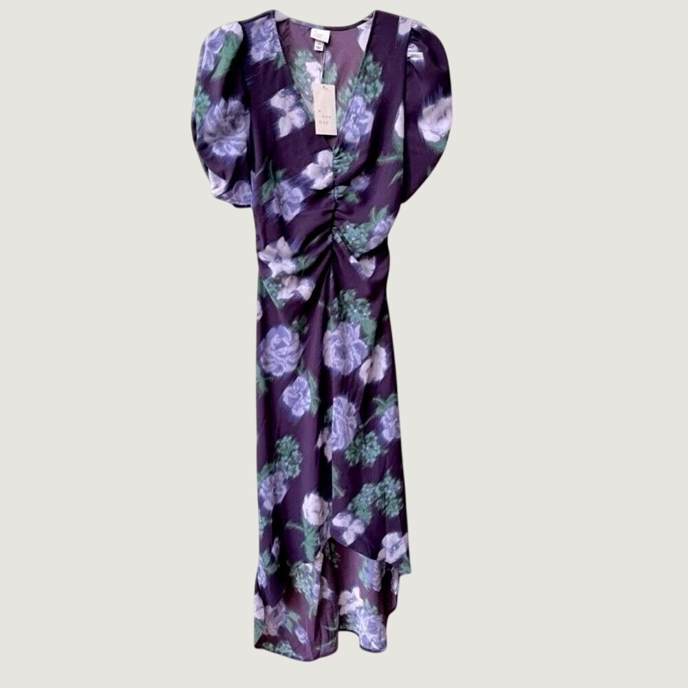 A New Day Floral Puff Short Sleeve Midi Dress Womens XS Purple NWT Cottagecore